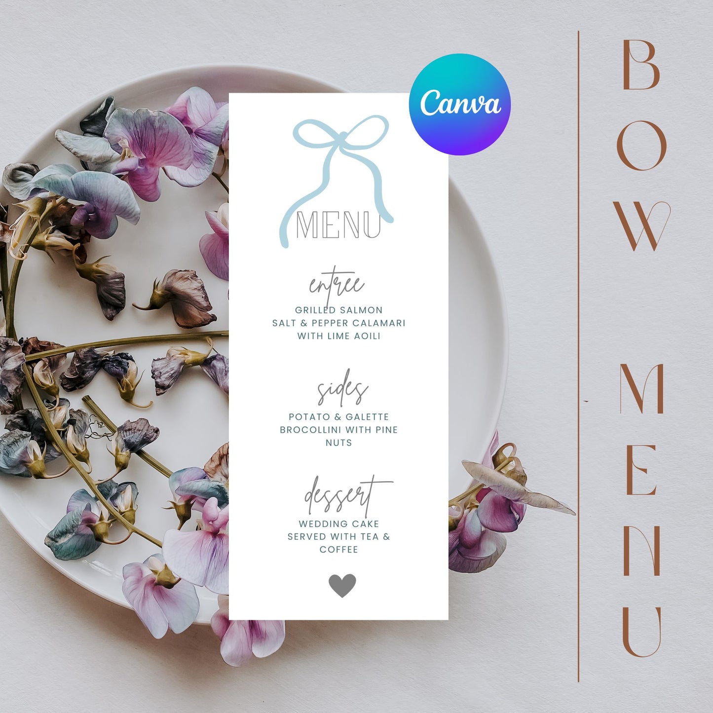 Bow Wedding Menu Canva Template | Dusty Blue Wedding Menu Card | Tall and Skinny Menu Card | Canva INSTANT Download | DIY Wedding Menu Card