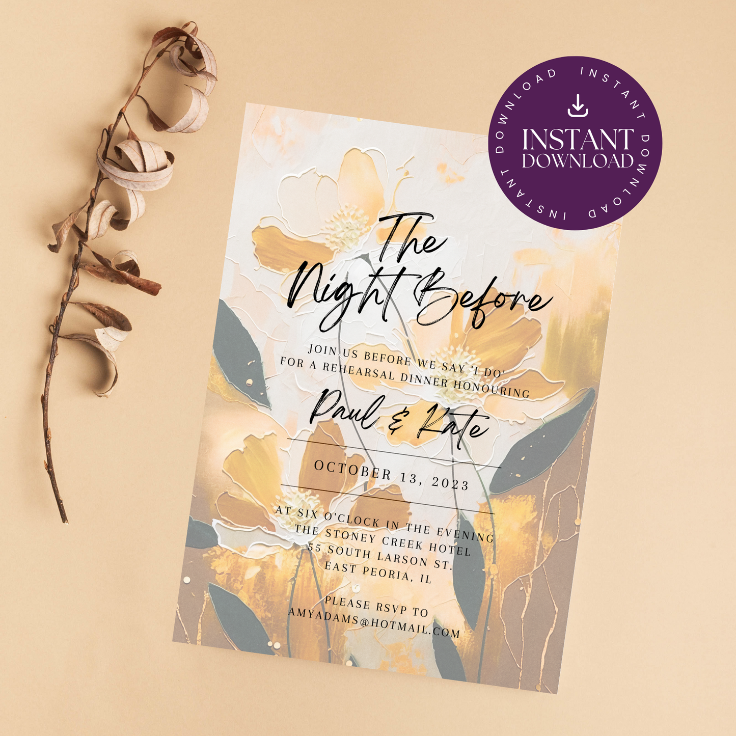Painted Floral Rehearsal Dinner Invite Bundle | The Night Before Invitation | Fall Invite | Terracotta and Mustard Invite | Canva Template