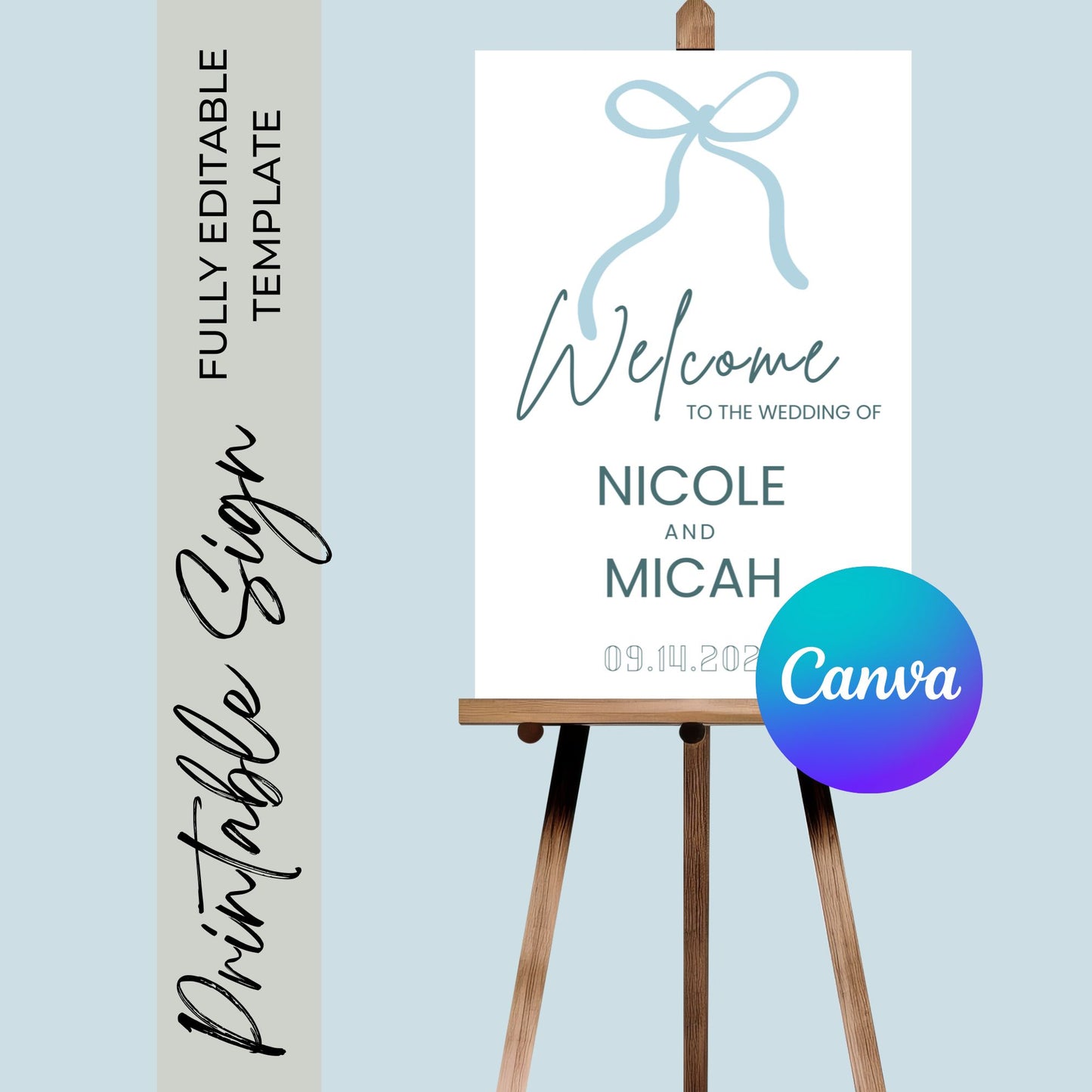 Bow Design Wedding Welcome  Sign | Baby Shower Welcome Sign | Dusty Blue Wedding | DIY Customized Wedding Sign | Canva INSTANT Download