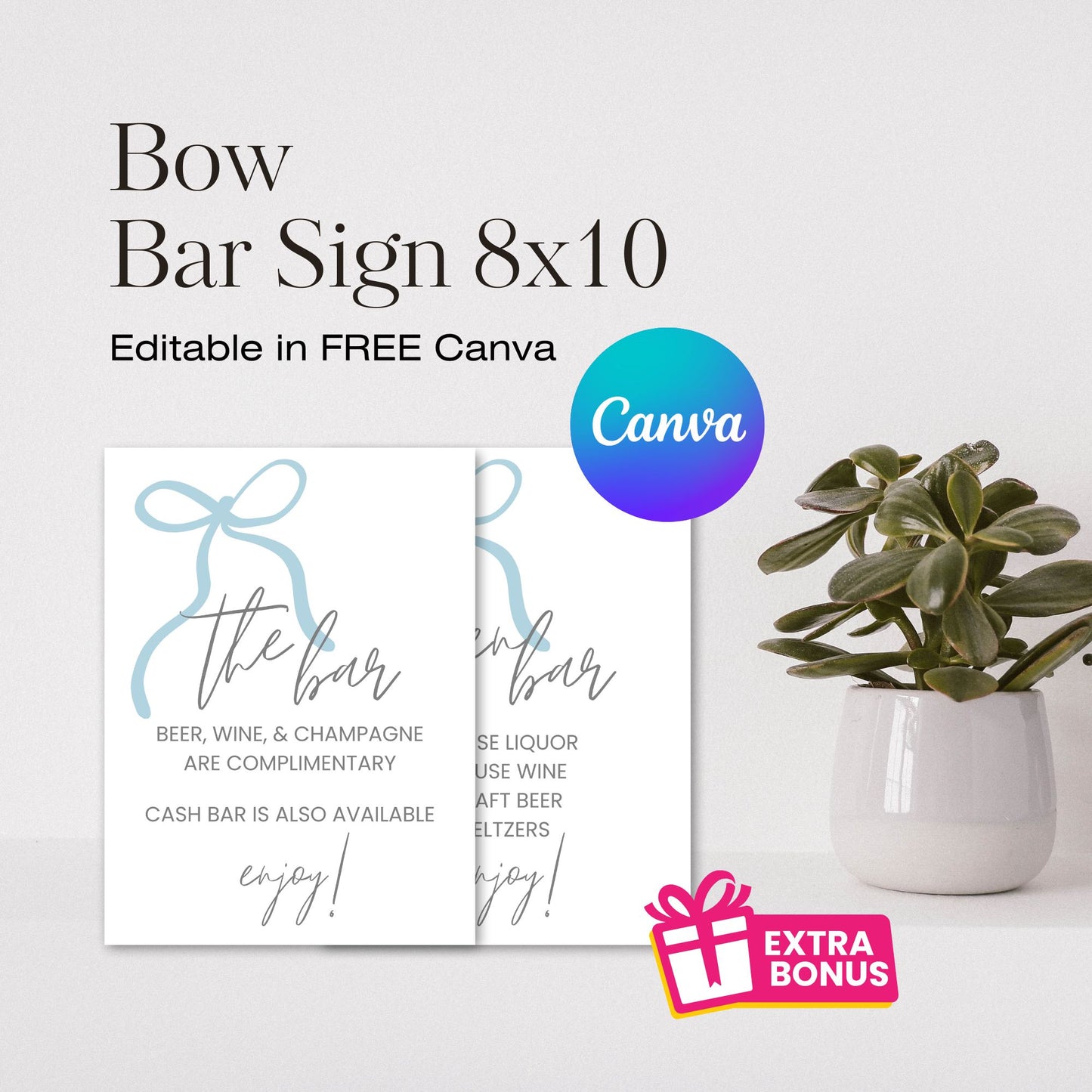 Bow Bar Sign 8x10 | Dusty Blue Bow Wedding Bar Sign | Canva Template Drink Menu | The Bar Menu with Bow| Bonus:  Open Bar Included