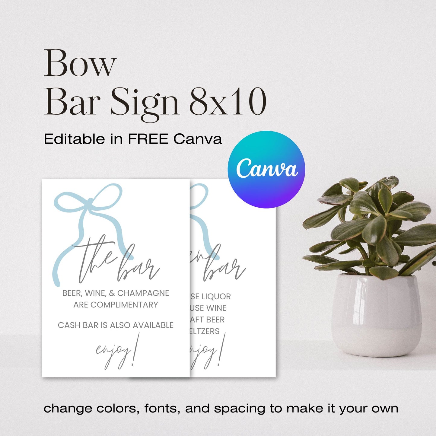 Bow Bar Sign 8x10 | Dusty Blue Bow Wedding Bar Sign | Canva Template Drink Menu | The Bar Menu with Bow| Bonus:  Open Bar Included